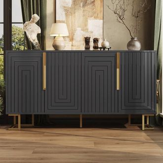 Matteo Black Geometric Sideboard with Gold Handles & Feet - Storage Cabinet