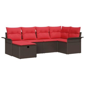 vidaXL Conjunto De Sof&aacute; De Jard&iacute;n 6 Pcs Marr&oacute;n Y Rojo Rat&aacute;n Sint&eacute;tico Vidaxl