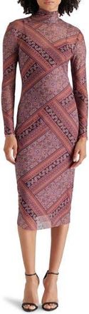 Steve Madden Vivienne Scarf Print Long Sleeve Turtleneck Mesh Midi Dress in Multi at Nordstrom Rack, Size X-Small