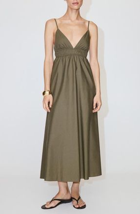 Mango V-Neck Shirred Lyocell Blend Dress in Green at Nordstrom, Size 2