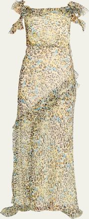 Saloni Nina Leopard Ruffled Chiffon Dress