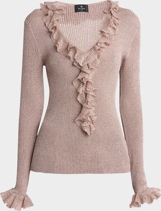 Etro Metallic Rib Ruffle V-Neck Sweater