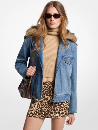 Michael Kors Faux Fur Trim Denim Moto Jacket