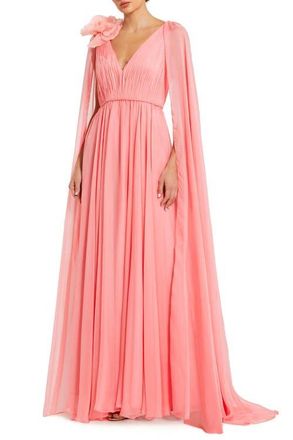 Mac Duggal Chiffon V-Neck Cape Sleeve Gown with Floral Shoulder Detail in Hibiscus at Nordstrom, Size 10
