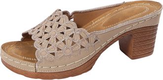 Generic Womens Boho Floral Lace Mule Slippers Low Chunky Heel Sandals for Women Comfortable Open Toe Slide Shoes for Summer Casual Wear (Khaki, 6.5)