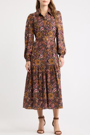 Eliza J Print Belted Long Sleeve Maxi Shirtdress in Navy Multi at Nordstrom, Size 14