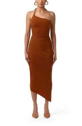 Naked Wardrobe Chain Detail Asymmetric Body-Con Halter Dress in Caramel at Nordstrom, Size X-Small