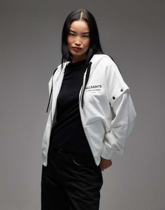 AllSaints Omnium Amphia - Felpa con cappuccio bianca con logo e maniche rimovibili-Bianco