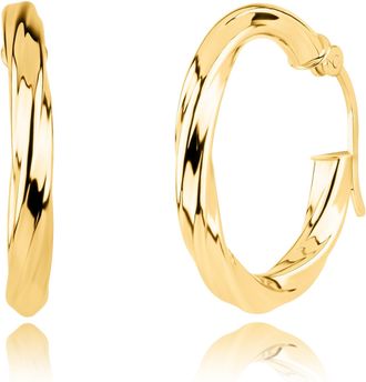 MAX + STONE Solid 10K Yellow Gold Twisted 15mm Hoop Earrings with Secure Closure