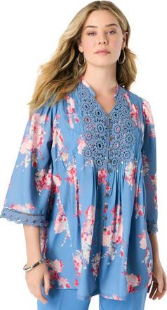Roaman's Plus Size Juliet Lace Trim Button Down Shirt in Indigo Watercolor Bouquet at Nordstrom, Size 38