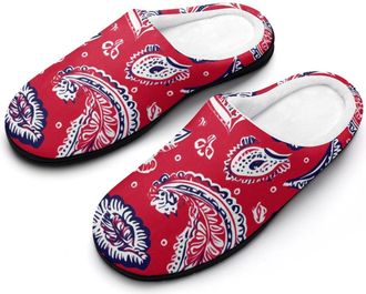 Generic Red Bandana Paisley Cotton Womens Slip-on Slippers Winter Warm House Shoes with Rubber Sole for Home Office Hotel