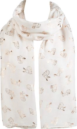 World of Shawls New Sparkling Bunny Rabbit Print Ladies Celebrity Style Scarves Maxi, Scarf, Wrap, Sarong, Shawls (Gold Rabbit - White)