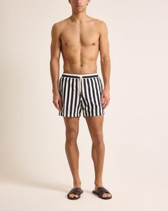 Orlebar Brown Boxer Mid-Length Relaxed Fit Bold Stripe Drawcord Swim Shorts in Night Iris/white Sand Stripe at Nordstrom, Size 34