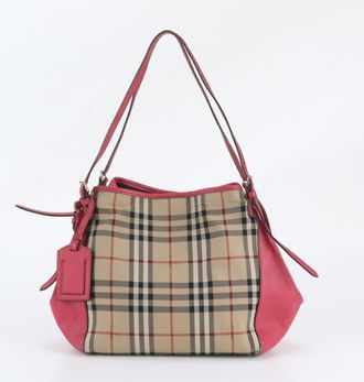 Burberry Beige Pink Leather Canvas Shoulder Bag Tote Bag (Pre-Owned)