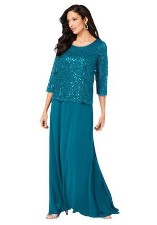 Roaman's Plus Size Sequin Lace Three Quarter Sleeve A-Line Gown in Deep Teal at Nordstrom, Size 44