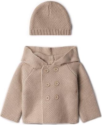 Lux Cozy Knit Button-Front Hooded Jacket and Matching Hat Set in Stone Mix at Nordstrom, Size 24M