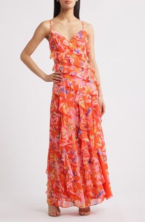 Eliza J Floral Ruffle Fil Coup&eacute; Maxi Dress in Rdm at Nordstrom, Size 12