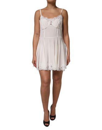 Dolce & Gabbana Womens White Lace Gold Dg Logo Silk Dress Sleepwear Cotton Nylon Elastane