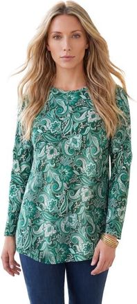 Roaman's Plus Size Ultimate Cotton Crewneck Long Sleeve Tee in Emerald Rustic Paisley at Nordstrom, Size Medium