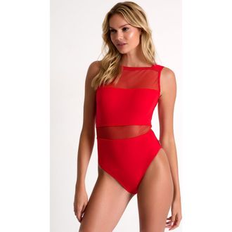 Shan Grid Mesh High-Neck One-Piece in Red at Nordstrom, Size 8