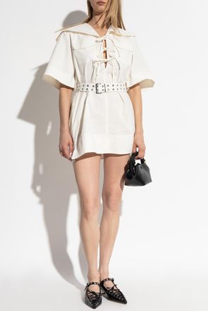 Ganni Dress With Belt, Womens, Cream