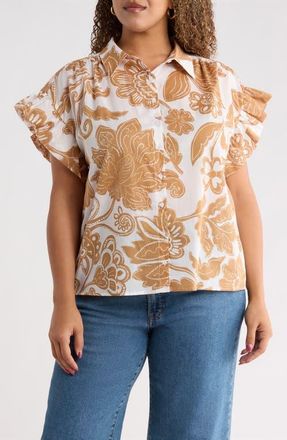 Sugarlips Nadya Floral Ina Short Sleeve Button-Up Shirt in White-Biscuit at Nordstrom, Size 3X