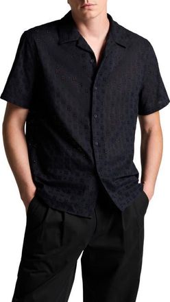 Vince Floral Eyelet Cotton Camp Shirt in Coastal at Nordstrom, Size Xx-Large