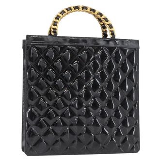 Chanel Chocolate Bar Tote Leather Black Patent_Leather Handbag (Pre-Owned)