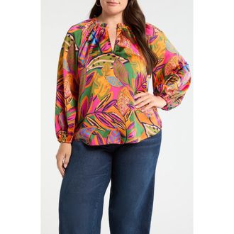 Sugarlips Floral Jovie Satin Split Neck Top in Orange-Pink-Multi at Nordstrom, Size 2 X
