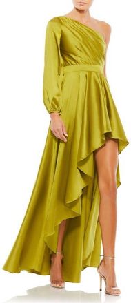 Mac Duggal Single Long Sleeve Pleated Bodice High Low Gown in Chartreuse at Nordstrom, Size 0