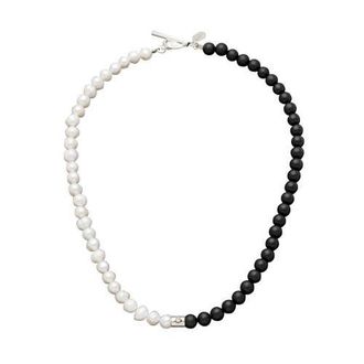Jan Leslie Diamond Accent Sterling Silver Freshwater Pearl And Black Agate Bead Necklace in Onyx at Nordstrom