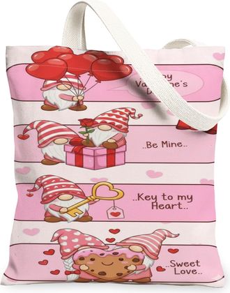 Generic ValentineS Day Cute Gnome Canvas Tote Bags, Adorable Heart Pattern Reusable Grocery Bags, Lightweight Washable Shoulder St, Peach, 13x15 Inch