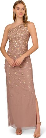 Adrianna Papell Womens One Shoulder Bead Long Dress - Stone - Size 6 UK
