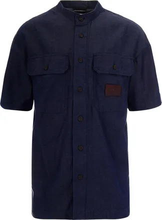Emporio Armani Casual Chambray Shirt with Guru Collar and Flap Pockets