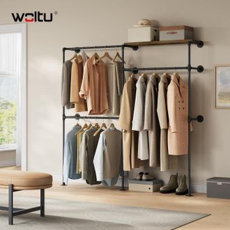 Woltu Woltu Appendiabiti Con Con Mensola Superiore E 3 Barre, Per Soggiorno, Camera Da Letto, Nero + Marrone Vintage