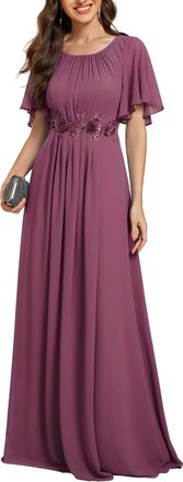 Ever-pretty Womens Chiffon V Neck Short Sleeves Appliques Formal Evening Dresses Bridesmaid Damson 12
