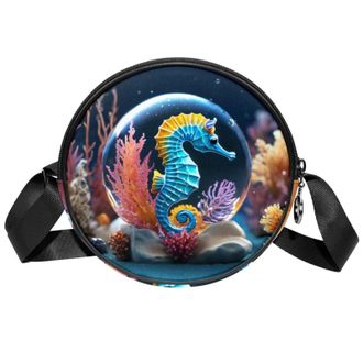 Generic Circle Crossbody Bag for Women, Seahorse Crystal Ball Small Sling Bag Daypack with Zipper Adjustable Shoulder Straps Casual Ladies Girls Round Purse