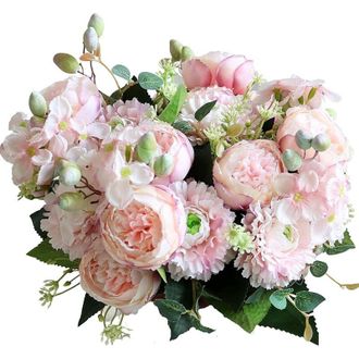 Elle Ramo De Rosas Y Peon&iacute;as Artificiales De Seda - 2 Piezas - Resistente A Los Rayos Uv - Decoraci&oacute;n Para Bodas Y Fiestas