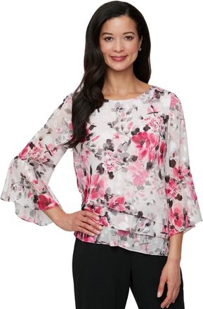 Alex Evenings Blouse Top Womens Multicolor Floral Chiffon Bell Sleeve PALL506
