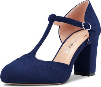 Castamere Women Chunky Block High Heel Round Toe Pumps Court Shoe T-Strap Buckle Wedding Office 8.5 CM Heels Navy Blue 5.5 UK
