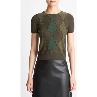 Vince Hand Cut Argyle Wool & Cashmere Blend Short Sleeve Sweater in Herba/forest/verde at Nordstrom Rack, Size Xx-Small
