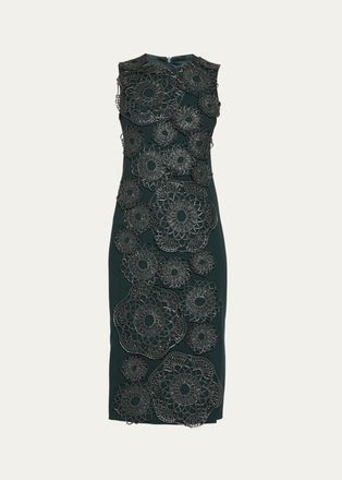 Akris Anemone Embroidered Double-Face Wool Midi Sheath Dress