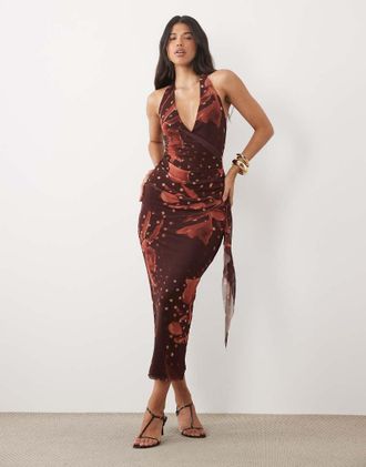 Asos vestito midi allamericana in rete con gonna a foulard a stampa floreale marrone-Multicolore