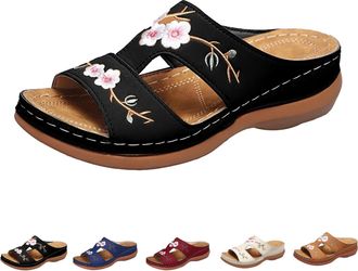 Generic Summer Slippers Women Slip on Sandals for Women UK Womens Orthopedic Shoes Comfy Sliders Summer Flat Leather Sandals Embroidery Flower Low Wedge Open 