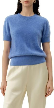 LilySilk Brushed Cashmere Short-Sleeve Sweater in Ocean Blue at Nordstrom, Size X-Small