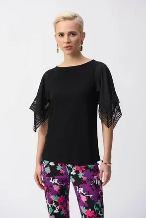 Joseph Ribkoff Boatneck With Lace Trim 3/4 Sleeve Top In Black