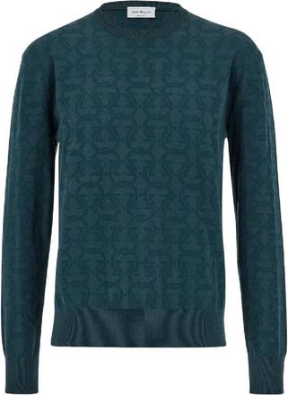 Ferragamo Mens Green Gancini Jacquard Sweater, Size Small
