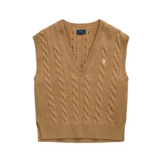 Polo Ralph Lauren V-neck Knitwear, female, Brown, Size: M Sleeveless Wool and Cashmere Twisted Knit Sweater