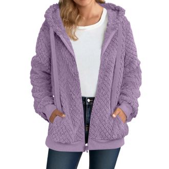 Generic Womens Sherpa Jacket Fuzzy Zip Up Hoodie Oversized Fleece Open Front Hooded Cardigan Jackets Fluffy Fuzzy Shirt Lapel Tops Teddy Fleece Coat Plush Thi