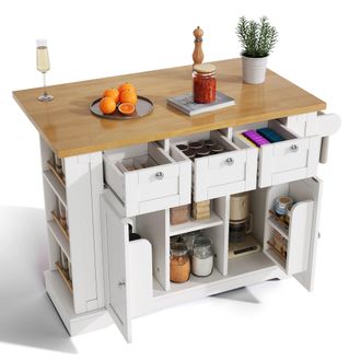 STILVORA Carro De Cocina Con 3 Cajones, 2 Puertas, Encimera Abatible, Enchufe Y Usb, 5 Ruedas, Mdf, Blanco Natural